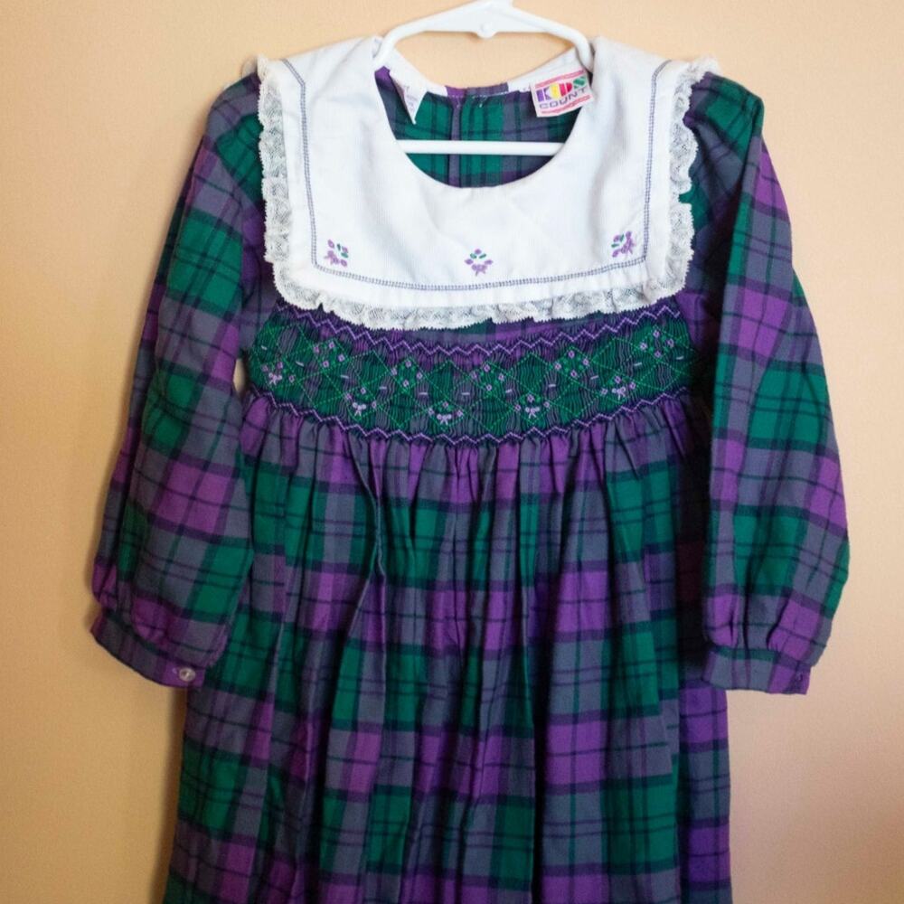 Kids Count Plaid Romper | Vintage Purple Green Smocked Girls Dress 4T